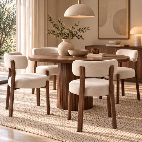 Japandi Dining Chair Beige – Walnut-Look Frame